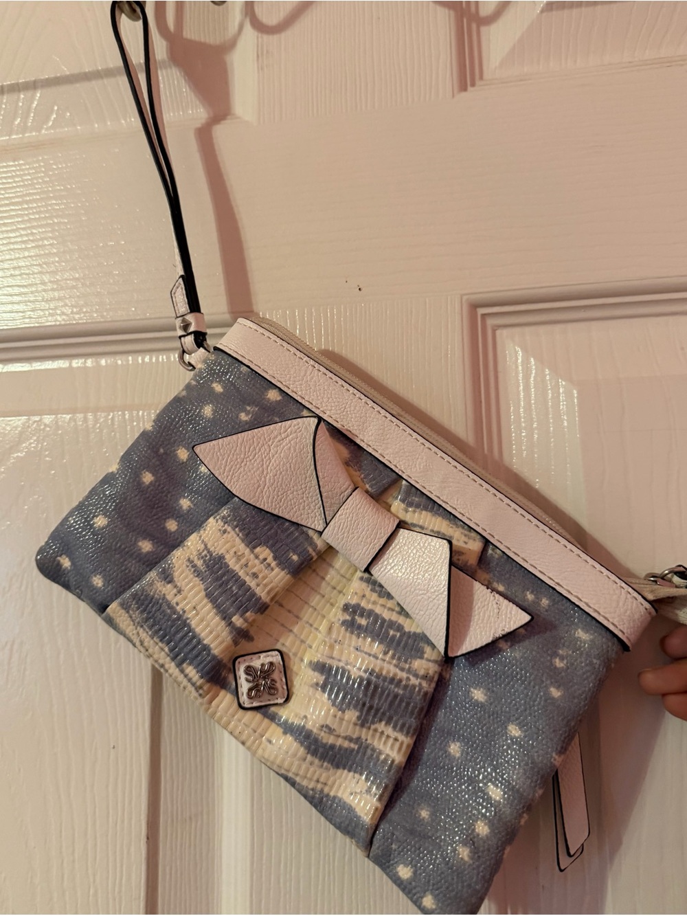 Simply Vera Vera Wang Blue Patterned Wristlet Clutch with White Bow Trim
